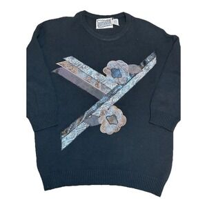 Vintage Gitano Plus Black Sweater Metallic Floral Geometric Appliqué 3/4‎ Sleeve